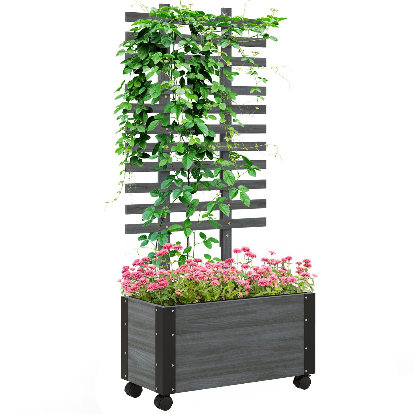 Outsunny Raised Garden Bed with Trellis, 58' Outdoor Wooden Planter Box with Wheels, for Vine Plants Flowers Climbing and Planting, Gray