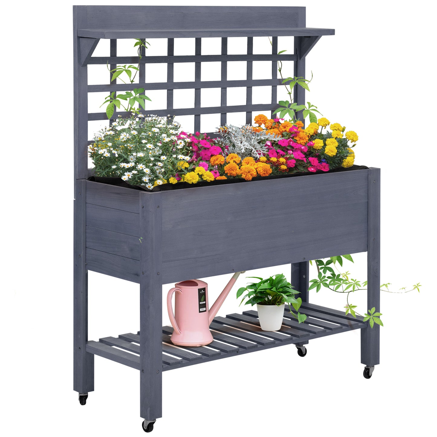 Outsunny 41' Raised Garden Bed with Trellis on Wheels, Wooden Elevated Planter Box with Legs and Bed Liner, for Flowers, Herbs & Vegetables, Gray