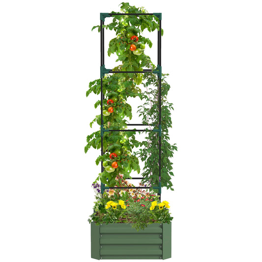 Outsunny Galvanized Raised Garden Bed, 24' x 24' x 11.75' Outdoor Planter Box with Trellis Tomato Cage and Open Bottom for Climbing Vines, Vegetables, Flowers in Backyard, Garden, Patio, Green