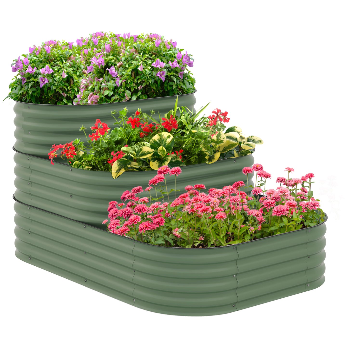 Outsunny 3-Tier Galvanized Steel Raised Garden Bed Kit, 62.25' x 43' x 32.25', 3 Combining Planter Boxes with Rubber Strip Edging, Open Bottom for Backyard, Garden, Patio, Green
