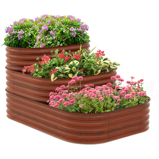 Outsunny 3-Tier Galvanized Steel Raised Garden Bed Kit, 62.25' x 43' x 32.25', 3 Combining Planter Boxes with Rubber Strip Edging, Open Bottom for Backyard, Garden, Patio, Brown