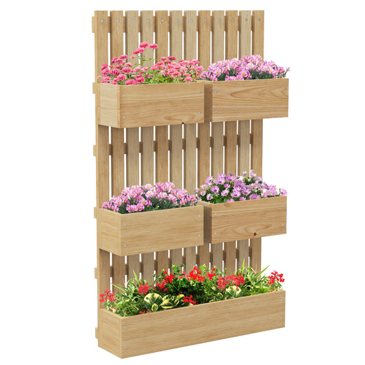 Outsunny 5 Box Raised Garden Bed with Trellis for Vine Flowers & Climbing Plants, 39' Tall Wall-Mounted Wood Planter Box Set with Adjustable Height, Drainage Hole, Natural