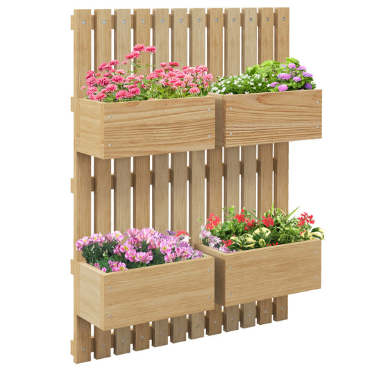 Outsunny 4 Box Raised Garden Bed with Trellis for Vine Flowers & Climbing Plants, 31.5' Tall Wall-Mounted Wood Planter Box Set with Adjustable Height, Drainage Hole, Natural