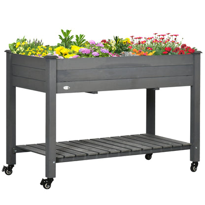 Outsunny Raised Garden Bed, 47' x 22' x 33', Elevated Wooden Planter Box with Lockable Wheels, Storage Shelf, and Bed Liner for Backyard, Patio, Dark Gray
