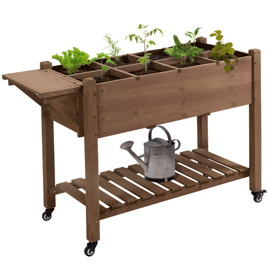 Outsunny Raised Garden Bed with 8 Grow Grids, Wooden Outdoor Plant Box Stand with Folding Side Table and Wheels, 49' x 21' x 34',  for Vegetables, Flowers, Herbs, Brown