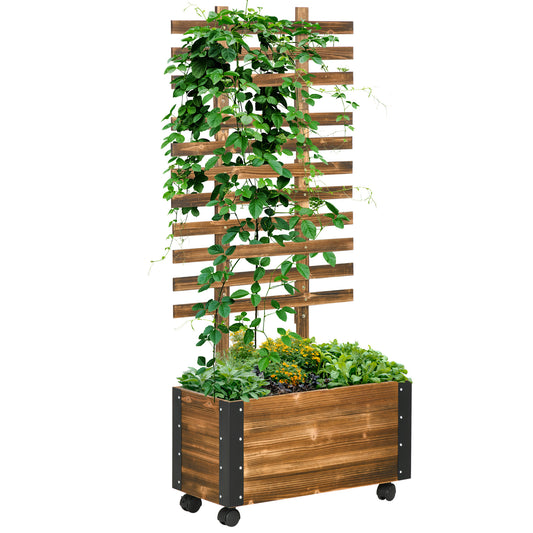 Outsunny Raised Garden Bed with Trellis, 58' Outdoor Wooden Planter Box with Wheels, for Vine Plants Flowers Climbing and Planting, Brown