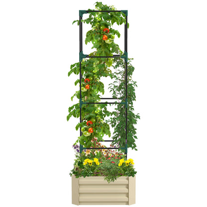 Outsunny Galvanized Raised Garden Bed, 24' x 24' x 11.75' Outdoor Planter Box with Trellis Tomato Cage and Open Bottom for Climbing Vines, Vegetables, Flowers in Backyard, Garden, Patio, Cream