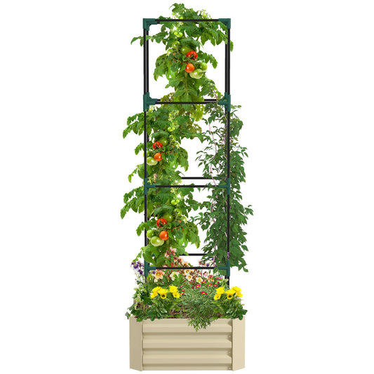 Outsunny Galvanized Raised Garden Bed, 24' x 24' x 11.75' Outdoor Planter Box with Trellis Tomato Cage and Open Bottom for Climbing Vines, Vegetables, Flowers in Backyard, Garden, Patio, Cream