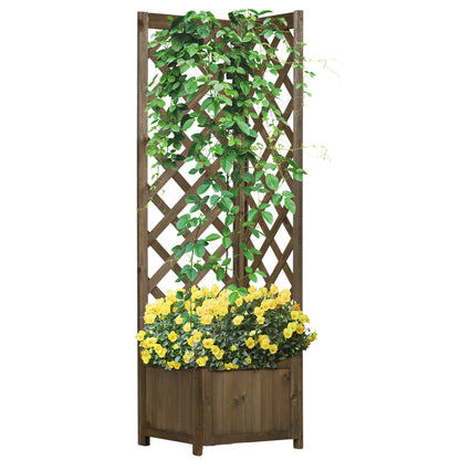 Outsunny Wooden Raised Garden Bed with Trellis, 57' Freestanding Corner Planter Box for Vine Plants Flowers Climbing and Planting Carbonized