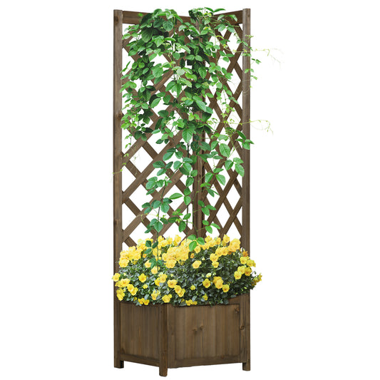 Outsunny Wooden Raised Garden Bed with Trellis, 57' Freestanding Corner Planter Box for Vine Plants Flowers Climbing and Planting Carbonized