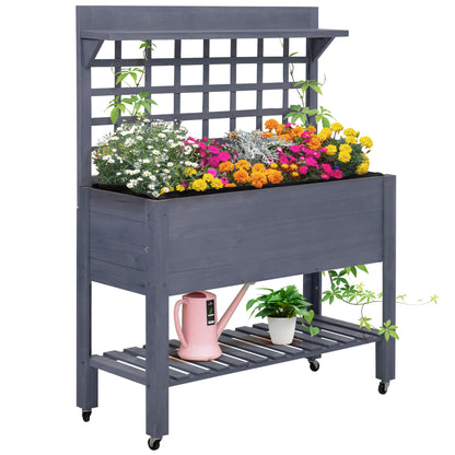 Outsunny 41' Raised Garden Bed with Trellis on Wheels, Wooden Elevated Planter Box with Legs and Bed Liner, for Flowers, Herbs & Vegetables, Gray