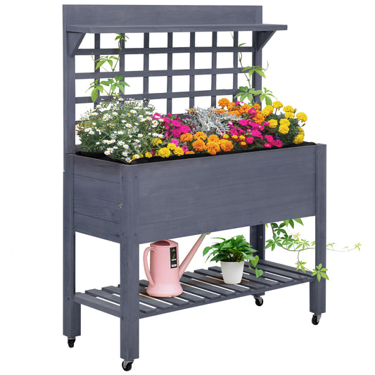 Outsunny 41' Raised Garden Bed with Trellis on Wheels, Wooden Elevated Planter Box with Legs and Bed Liner, for Flowers, Herbs & Vegetables, Gray