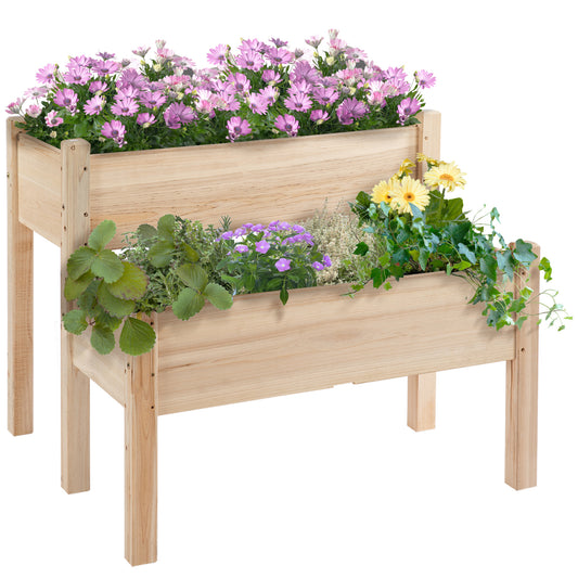 Outsunny 34'x34'x28' Raised Garden Bed, 2-Tier Elevated Wood Planter Box for Backyard, Patio to Grow Vegetables, Herbs, and Flowers, Natural