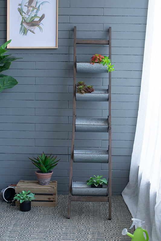 Farmhouse Foldable Reed Galvanized and Wood Ladder Planter 14.2' x 7.5' x 70.9'