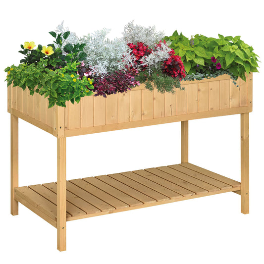 Outsunny 43x18x30in Raised Garden Bed with 8 Pockets and Shelf, Wooden Elevated Planter Box with Legs to Grow Herbs, Vegetables, and Flowers, Natural